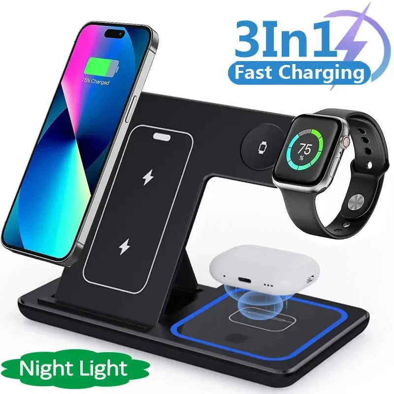 3-in-1 Fast Wireless Charging Station - Foldable LED Charger Stand for Phone, Watch & Earbuds