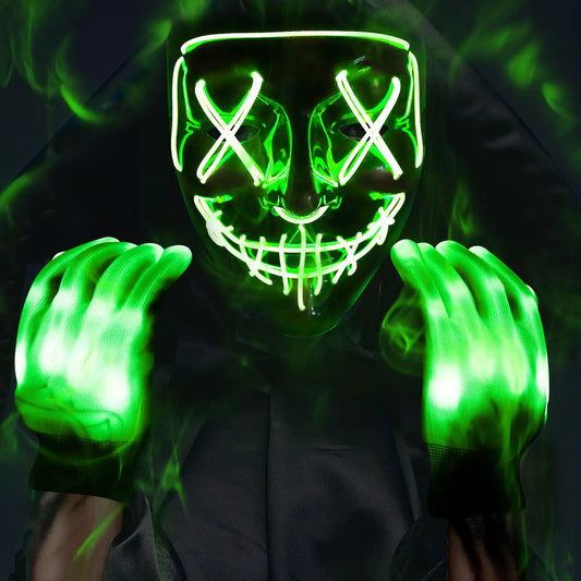 LED Light-Up Halloween Mask & Glowing Gloves Set - Scary Costume Accessory