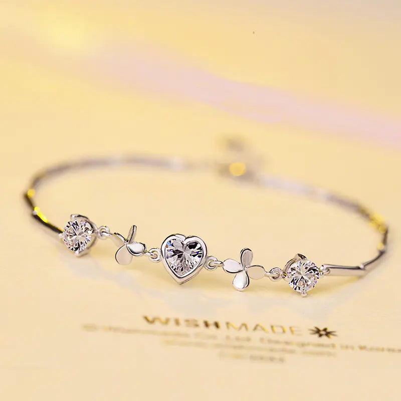 Sterling Silver Heart Clover Bracelet - Lucky Love Jewelry
