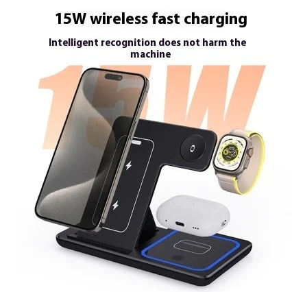 3-in-1 Fast Wireless Charging Station - Foldable LED Charger Stand for Phone, Watch & Earbuds