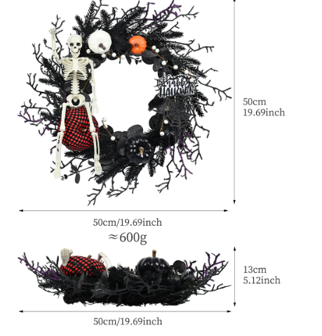 Halloween wreath with skeleton and pumpkins, featuring measurements and weight on a white background.