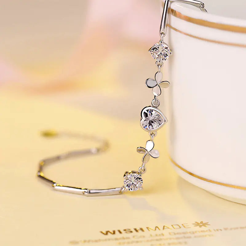 Sterling Silver Heart Clover Bracelet - Lucky Love Jewelry