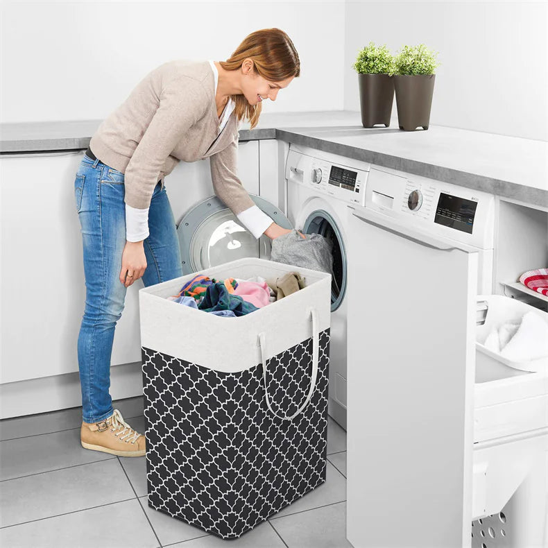 Large Foldable Striped Laundry Basket - Collapsible Storage Hamper with Handles