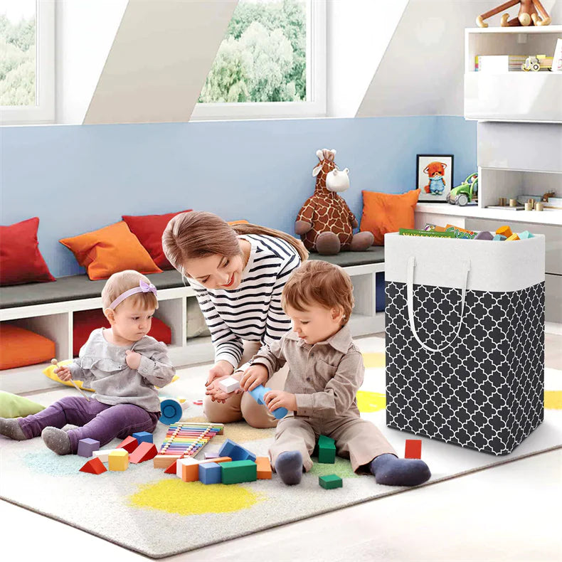 Large Foldable Striped Laundry Basket - Collapsible Storage Hamper with Handles