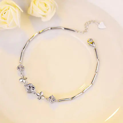 Sterling Silver Heart Clover Bracelet - Lucky Love Jewelry