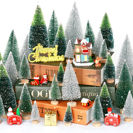 Mini Christmas Trees Set - 30 Piece Sisal Snow Frost Collection