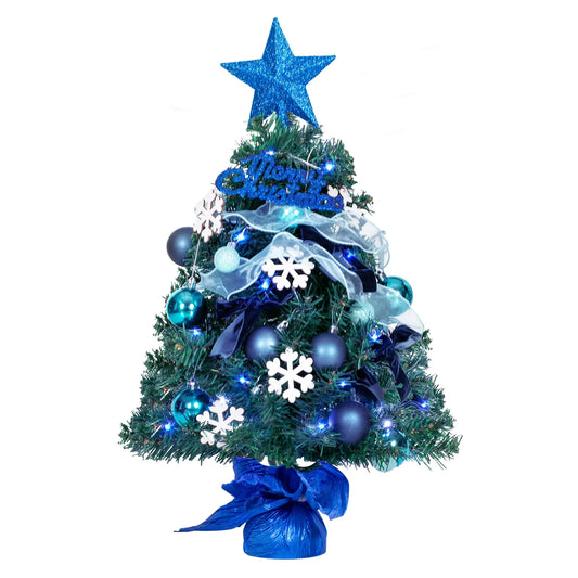 24" Flocked Mini Christmas Tree with LED Lights & Timer - Tabletop Snow Frosted Xmas Tree with Ornaments (Blue)